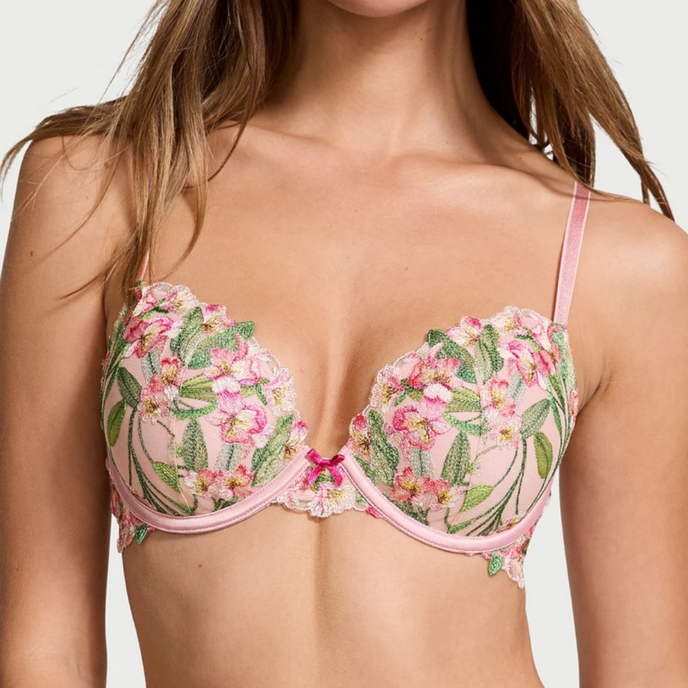 NWT Victoria's Secret Dream Angels Push Up Bra embroidery Lily floral pink 36DDD